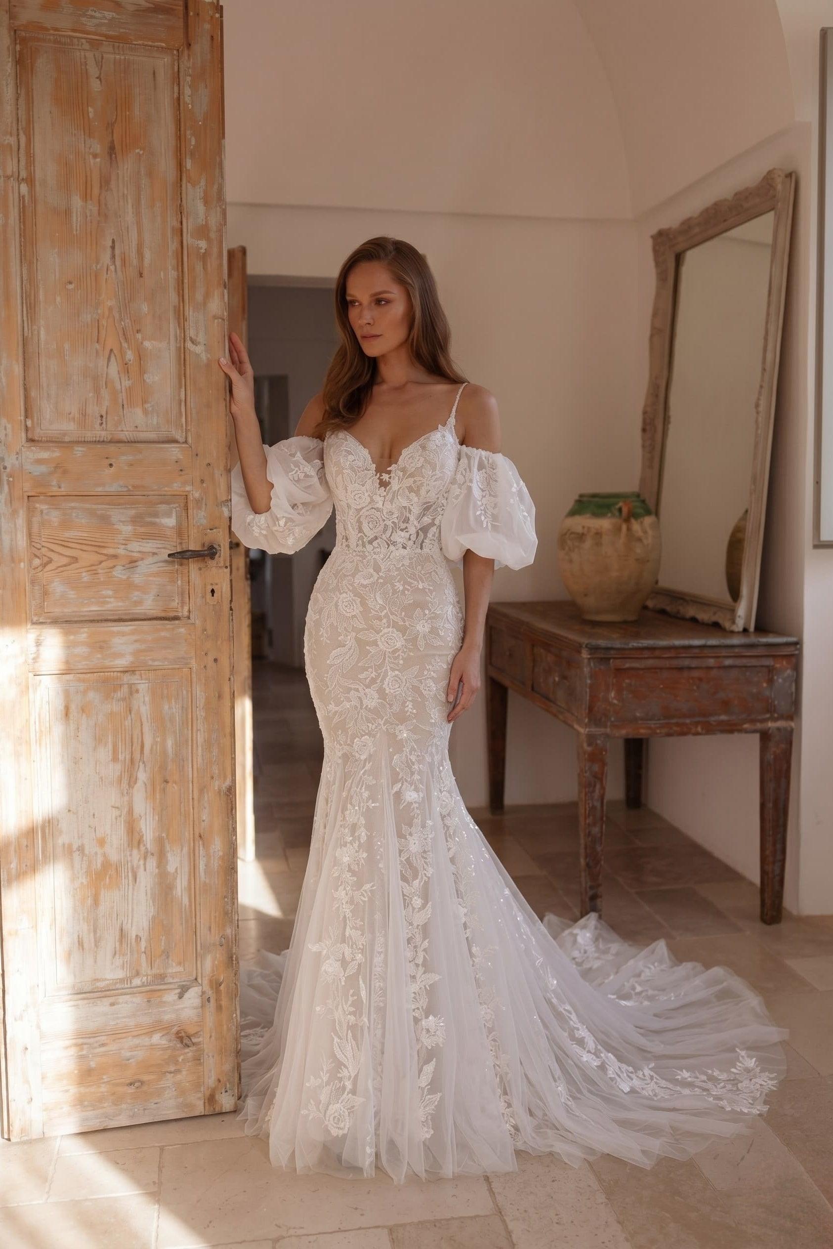 Trumpet-Mermaid Chapel Train Lace Tulle Wedding Dress CW3276 - 45 Days / As Picture:Ivory/Nude / US0-UK2-EUR30 - COCOMELODY